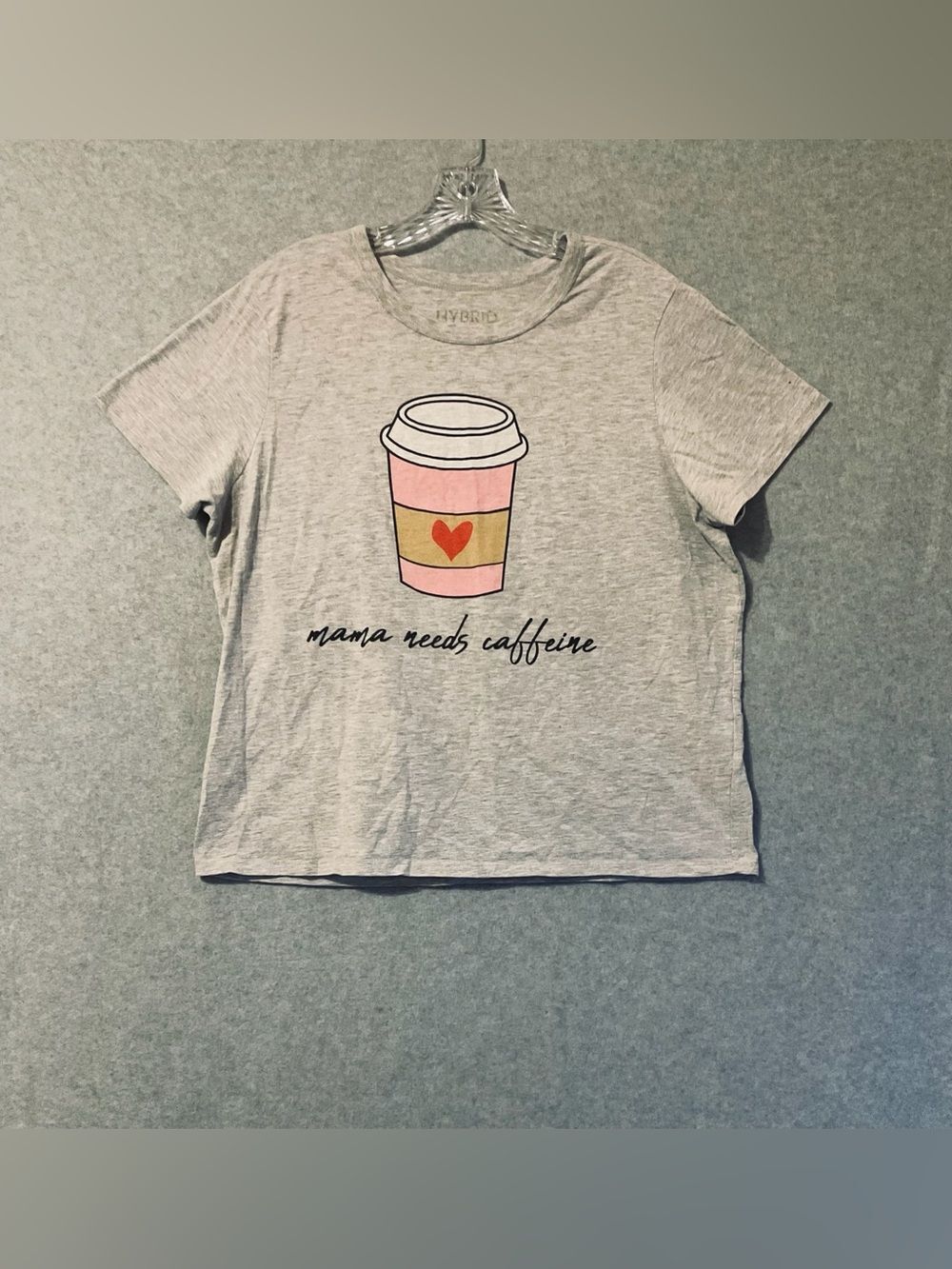 Hybrid & company Grey Tee with Pink Coffee Cup Graphic SZ XL